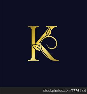 Luxury K Initial Letter Logo gold color, vector design concept ornate swirl floral leaf ornament with initial letter alphabet for luxury style.