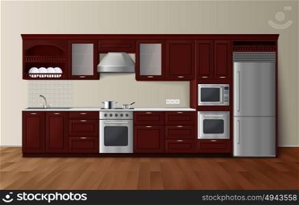 Luxury Kitchen Dark Realistic Interior Image . Modern luxury kitchen dark brown cabinets with built-in microwave oven realistic side view image vector illustration