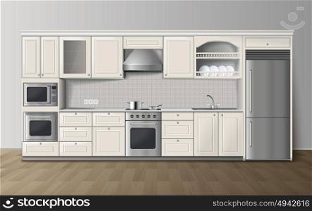 Luxury Kitchen White Realistic Interior Image . Modern luxury kitchen white cabinets with built-in cooker and refrigerator realistic side view image vector illustration