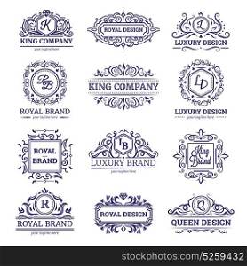 Luxury Labels Monochrome Set . Set of monochrome labels with luxury design including monograms and vignettes crowns and diamonds isolated vector illustration