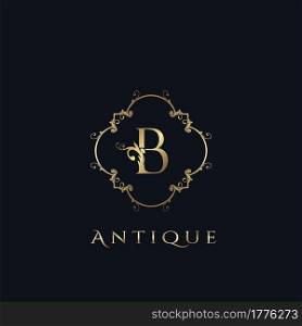 Luxury Letter B Logo. Antique Golden Frame vector template design concept ornate swirl for hotel, boutique, resort, fashion and more brand identity.