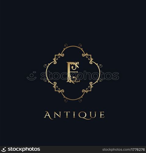 Luxury Letter E Logo. Antique Golden Frame vector template design concept ornate swirl for hotel, boutique, resort, fashion and more brand identity.