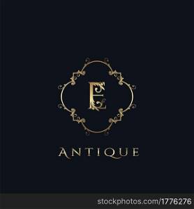 Luxury Letter E Logo. Antique Golden Frame vector template design concept ornate swirl for hotel, boutique, resort, fashion and more brand identity.