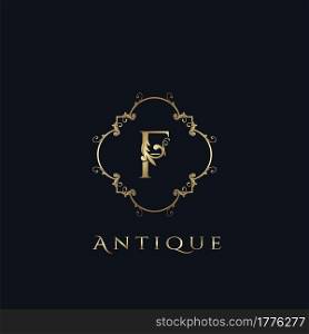 Luxury Letter F Logo. Antique Golden Frame vector template design concept ornate swirl for hotel, boutique, resort, fashion and more brand identity.
