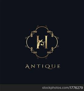 Luxury Letter H Logo. Antique Golden Frame vector template design concept ornate swirl for hotel, boutique, resort, fashion and more brand identity.