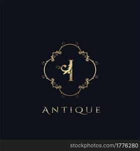 Luxury Letter I Logo. Antique Golden Frame vector template design concept ornate swirl for hotel, boutique, resort, fashion and more brand identity.