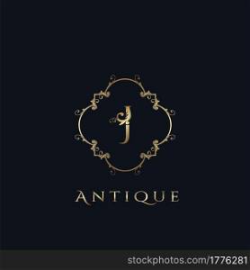 Luxury Letter J Logo. Antique Golden Frame vector template design concept ornate swirl for hotel, boutique, resort, fashion and more brand identity.
