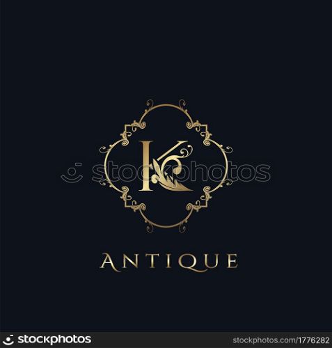 Luxury Letter K Logo. Antique Golden Frame vector template design concept ornate swirl for hotel, boutique, resort, fashion and more brand identity.