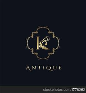 Luxury Letter K Logo. Antique Golden Frame vector template design concept ornate swirl for hotel, boutique, resort, fashion and more brand identity.