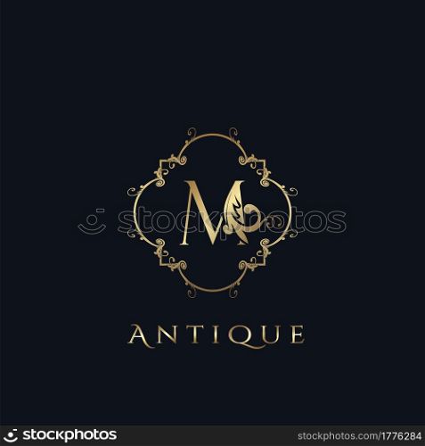Luxury Letter M Logo. Antique Golden Frame vector template design concept ornate swirl for hotel, boutique, resort, fashion and more brand identity.