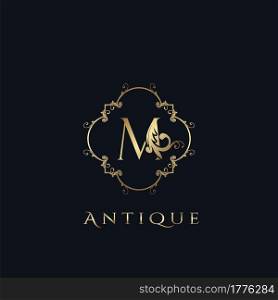 Luxury Letter M Logo. Antique Golden Frame vector template design concept ornate swirl for hotel, boutique, resort, fashion and more brand identity.