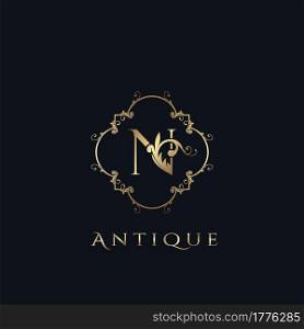 Luxury Letter N Logo. Antique Golden Frame vector template design concept ornate swirl for hotel, boutique, resort, fashion and more brand identity.