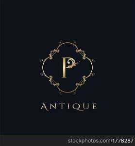 Luxury Letter P Logo. Antique Golden Frame vector template design concept ornate swirl for hotel, boutique, resort, fashion and more brand identity.