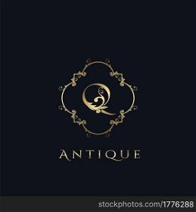 Luxury Letter Q Logo. Antique Golden Frame vector template design concept ornate swirl for hotel, boutique, resort, fashion and more brand identity.