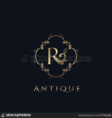 Luxury Letter R Logo. Antique Golden Frame vector template design concept ornate swirl for hotel, boutique, resort, fashion and more brand identity.
