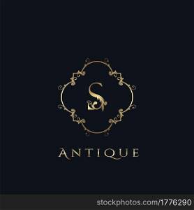 Luxury Letter S Logo. Antique Golden Frame vector template design concept ornate swirl for hotel, boutique, resort, fashion and more brand identity.