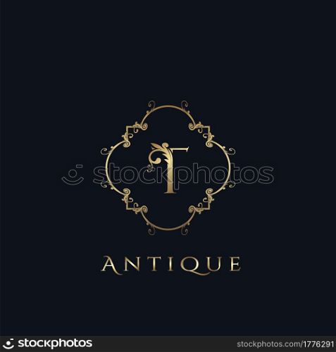 Luxury Letter T Logo. Antique Golden Frame vector template design concept ornate swirl for hotel, boutique, resort, fashion and more brand identity.