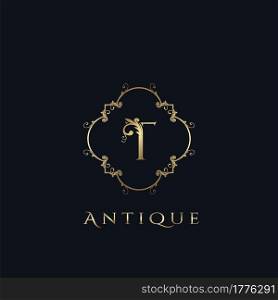 Luxury Letter T Logo. Antique Golden Frame vector template design concept ornate swirl for hotel, boutique, resort, fashion and more brand identity.
