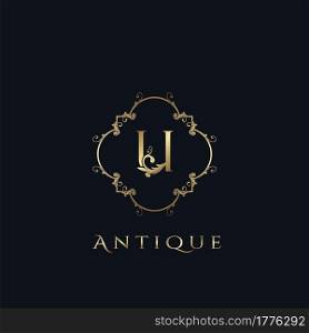 Luxury Letter U Logo. Antique Golden Frame vector template design concept ornate swirl for hotel, boutique, resort, fashion and more brand identity.