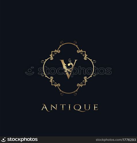 Luxury Letter V Logo. Antique Golden Frame vector template design concept ornate swirl for hotel, boutique, resort, fashion and more brand identity.