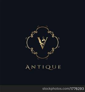 Luxury Letter V Logo. Antique Golden Frame vector template design concept ornate swirl for hotel, boutique, resort, fashion and more brand identity.