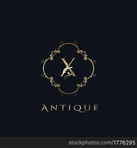 Luxury Letter X Logo. Antique Golden Frame vector template design concept ornate swirl for hotel, boutique, resort, fashion and more brand identity.