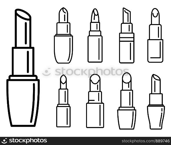 Luxury lipstick icons set. Outline set of luxury lipstick vector icons for web design isolated on white background. Luxury lipstick icons set, outline style