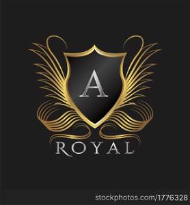 Luxury Logo Letter A. Golden shield vector design concept flourish ornate swirl for hotel, boutique, resort, victorian style