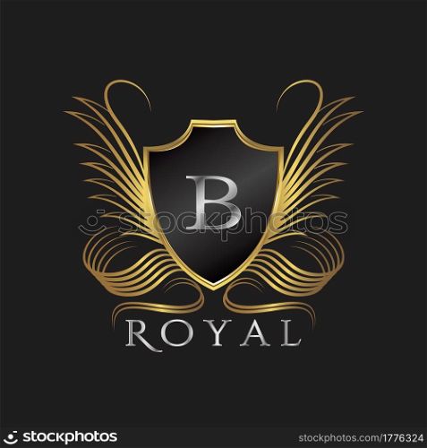 Luxury Logo Letter B. Golden shield vector design concept flourish ornate swirl for hotel, boutique, resort, victorian style