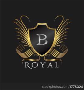 Luxury Logo Letter B. Golden shield vector design concept flourish ornate swirl for hotel, boutique, resort, victorian style