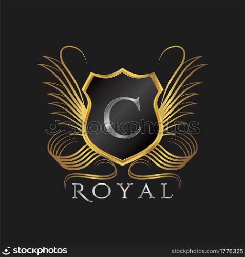 Luxury Logo Letter C. Golden shield vector design concept flourish ornate swirl for hotel, boutique, resort, victorian style