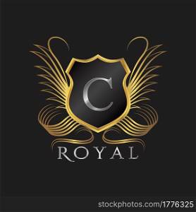 Luxury Logo Letter C. Golden shield vector design concept flourish ornate swirl for hotel, boutique, resort, victorian style