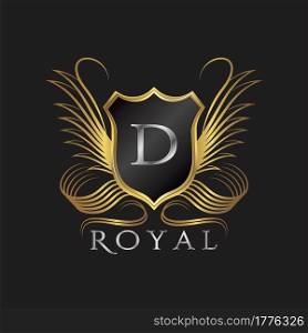 Luxury Logo Letter D. Golden shield vector design concept flourish ornate swirl for hotel, boutique, resort, victorian style