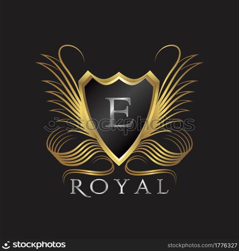 Luxury Logo Letter E. Golden shield vector design concept flourish ornate swirl for hotel, boutique, resort, victorian style