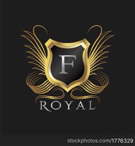 Luxury Logo Letter F. Golden shield vector design concept flourish ornate swirl for hotel, boutique, resort, victorian style