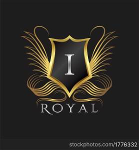 Luxury Logo Letter I. Golden shield vector design concept flourish ornate swirl for hotel, boutique, resort, victorian style