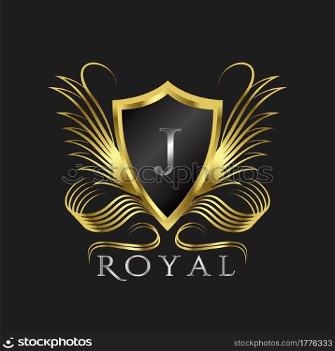 Luxury Logo Letter J. Golden shield vector design concept flourish ornate swirl for hotel, boutique, resort, victorian style