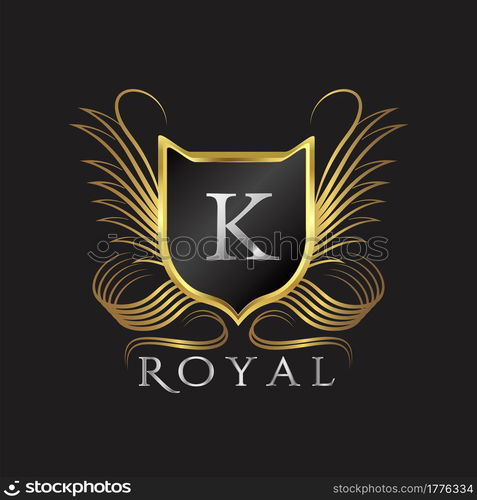 Luxury Logo Letter K. Golden shield vector design concept flourish ornate swirl for hotel, boutique, resort, victorian style