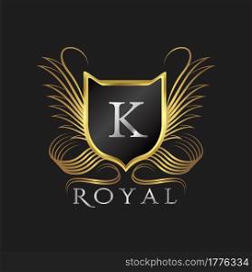 Luxury Logo Letter K. Golden shield vector design concept flourish ornate swirl for hotel, boutique, resort, victorian style
