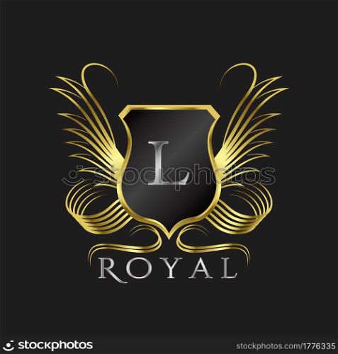 Luxury Logo Letter L. Golden shield vector design concept flourish ornate swirl for hotel, boutique, resort, victorian style