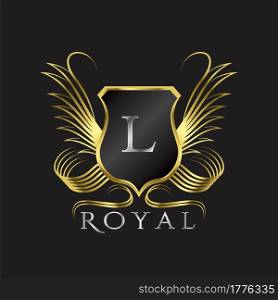 Luxury Logo Letter L. Golden shield vector design concept flourish ornate swirl for hotel, boutique, resort, victorian style