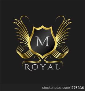 Luxury Logo Letter M. Golden shield vector design concept flourish ornate swirl for hotel, boutique, resort, victorian style