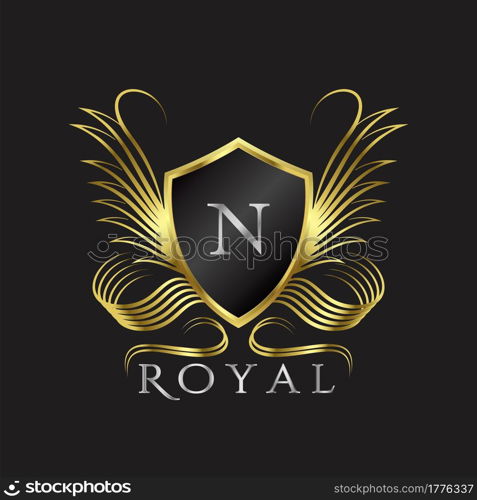 Luxury Logo Letter N. Golden shield vector design concept flourish ornate swirl for hotel, boutique, resort, victorian style