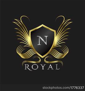 Luxury Logo Letter N. Golden shield vector design concept flourish ornate swirl for hotel, boutique, resort, victorian style