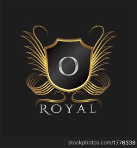 Luxury Logo Letter O. Golden shield vector design concept flourish ornate swirl for hotel, boutique, resort, victorian style