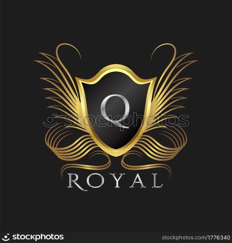 Luxury Logo Letter Q. Golden shield vector design concept flourish ornate swirl for hotel, boutique, resort, victorian style