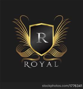 Luxury Logo Letter R. Golden shield vector design concept flourish ornate swirl for hotel, boutique, resort, victorian style