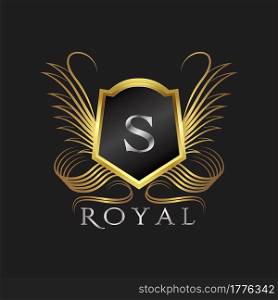 Luxury Logo Letter S. Golden shield vector design concept flourish ornate swirl for hotel, boutique, resort, victorian style