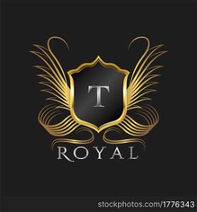 Luxury Logo Letter T. Golden shield vector design concept flourish ornate swirl for hotel, boutique, resort, victorian style