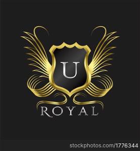 Luxury Logo Letter U. Golden shield vector design concept flourish ornate swirl for hotel, boutique, resort, victorian style